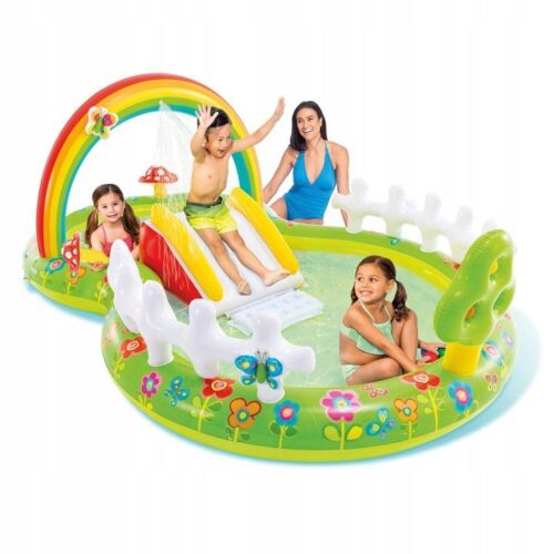 Piscina gonflabila pentru copii, model Gradina, Intex, 290x180x104 cm, 450 litri, tobogan gonflabil